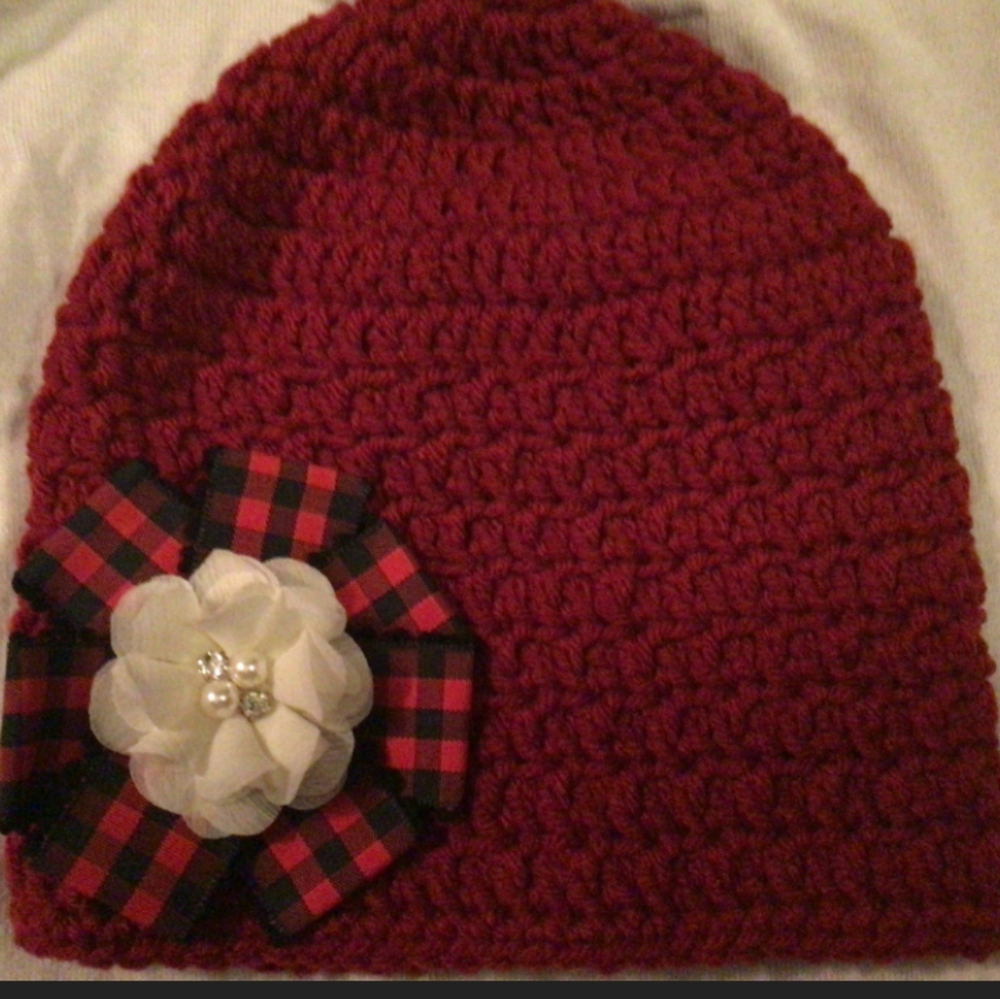 Ladies Christmas Red Beanie with Black and Red Checked Bow